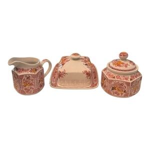 VTG ButterDish sugarbowl & creamer - Ridgway Staffordshire Red Canterbury Floral